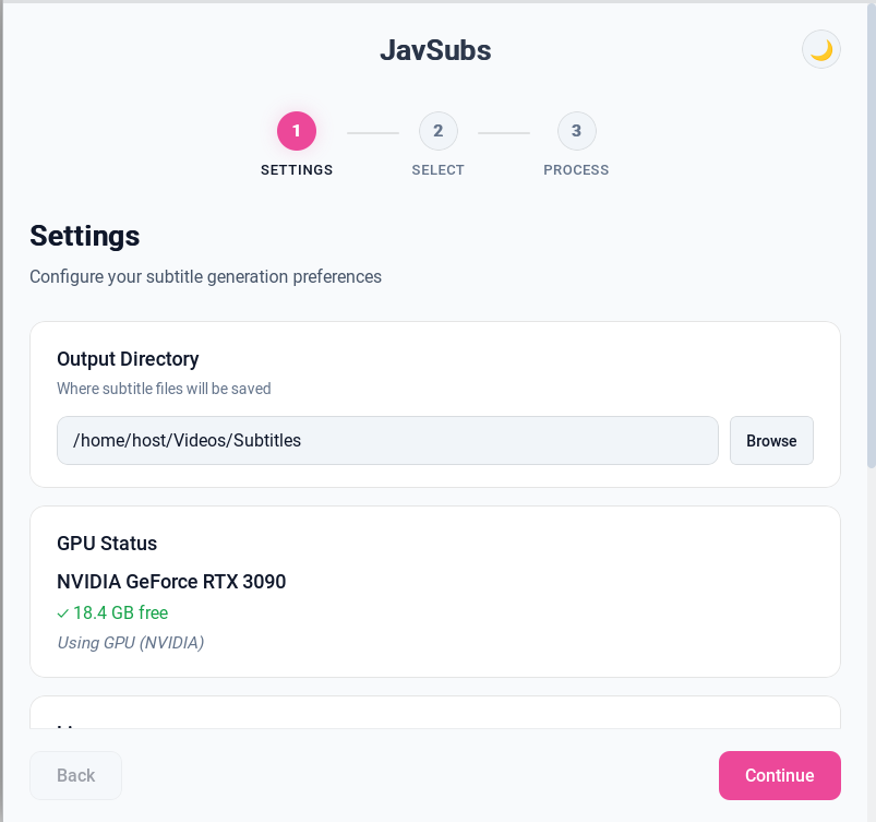 JAVSubs settings screen showing output directory configuration and GPU acceleration options for faster Japanese subtitle generation