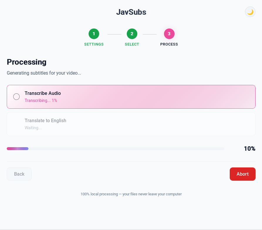 JAVSubs processing a Japanese video — AI transcribing and translating audio to English subtitles locally